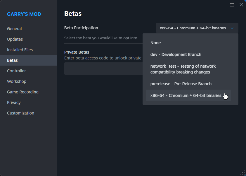 Steam Betas Tab